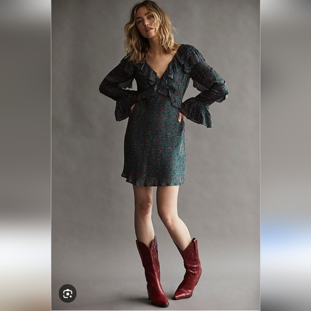 NWT Free People Sweetest Thing Satin Ruffle Long Sleeve Mini Dress Green Sz 6